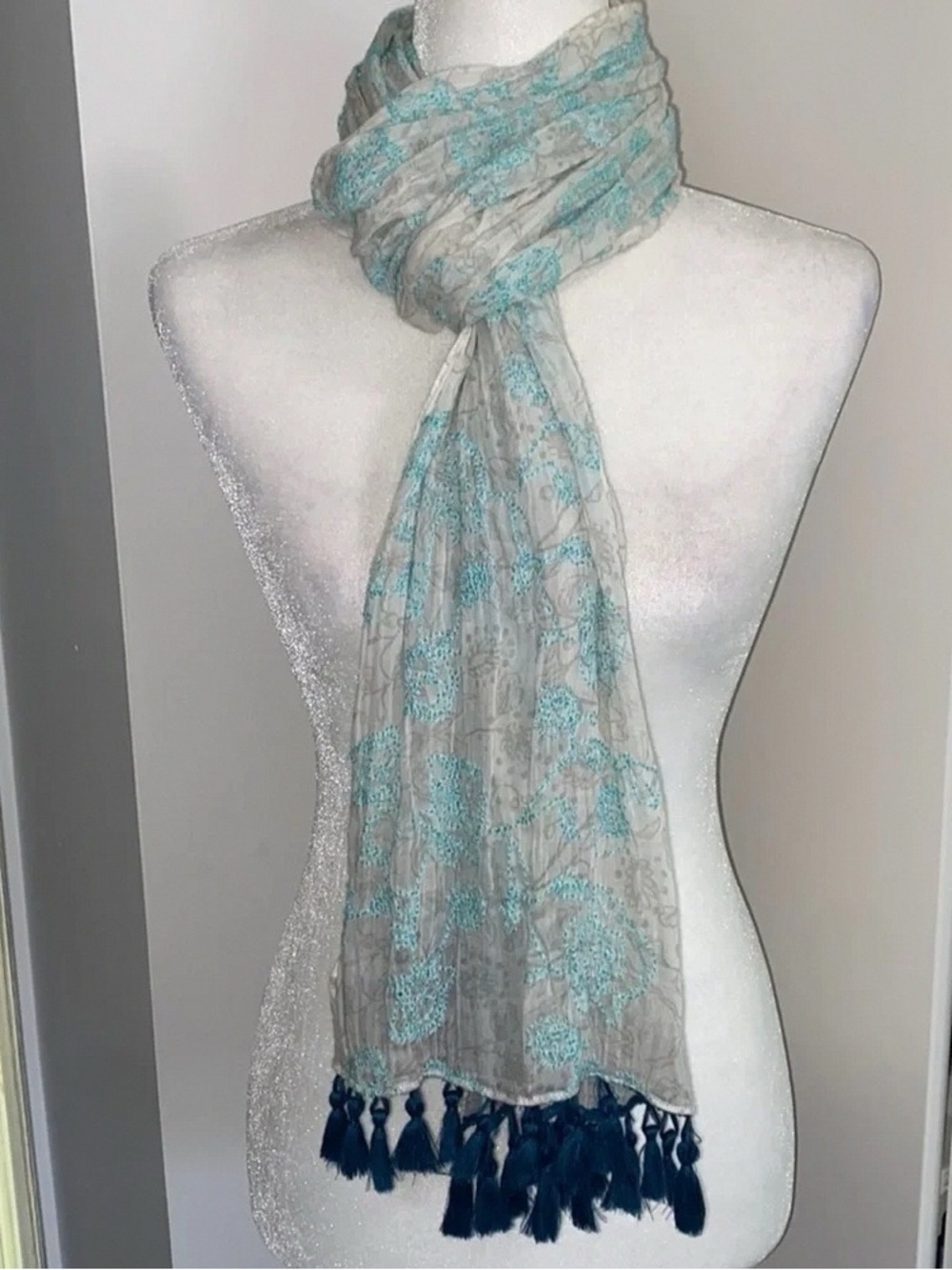 Light Gray Floral Tassel Scarf with Teal Accents - Women Accessories
